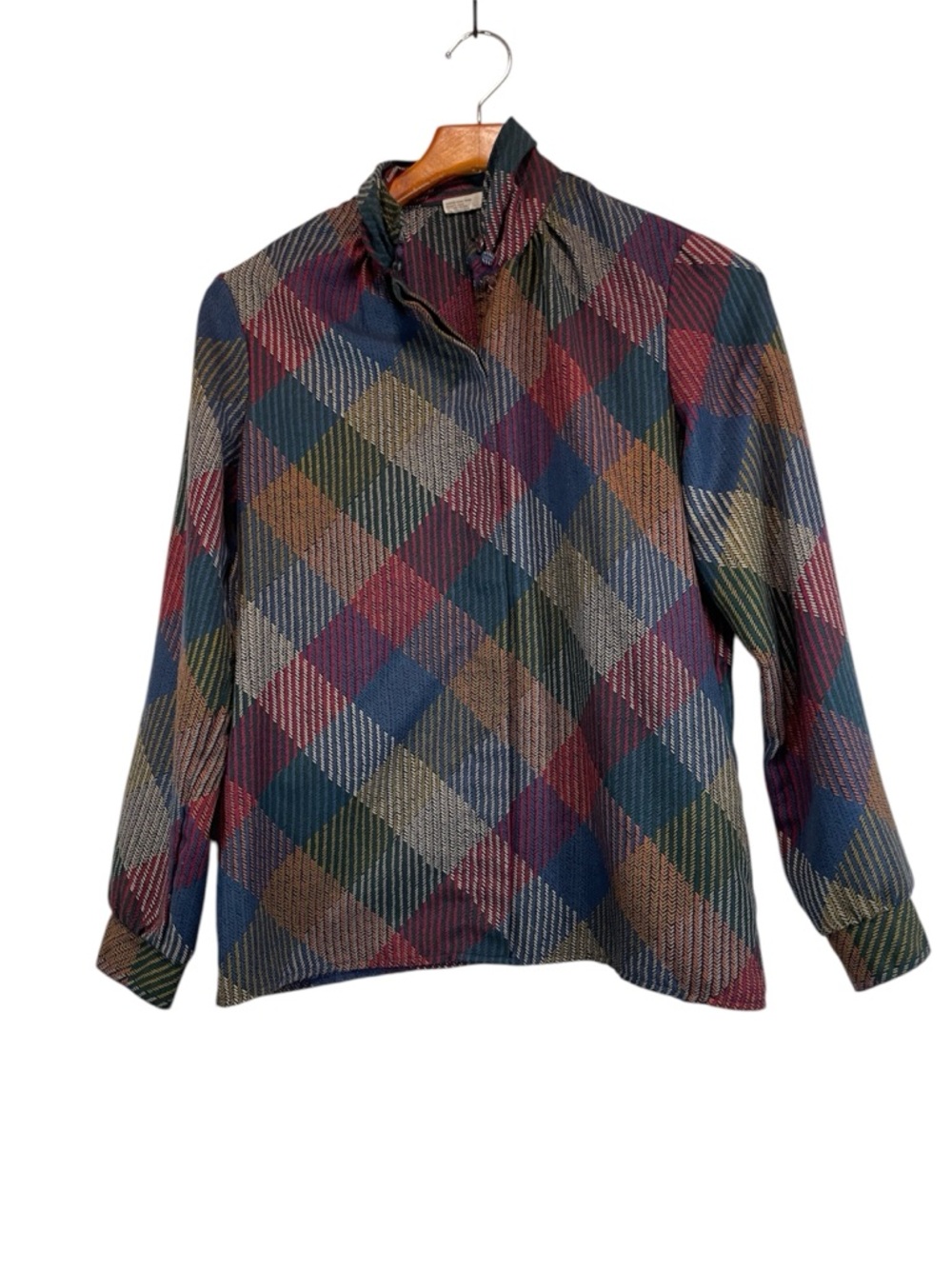 Vintage Country Suburbans Plaid Long-Sleeve Ruffle-Neck Blouse - Multi